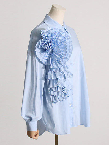 Long Sleeves Loose Asymmetric Buttoned Pleated Color Split-joint Three-dimensional Flower Lapel Blouses&shirts Tops