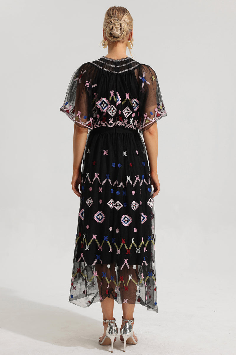 Mesh Embroidered Smocking Midi Dress