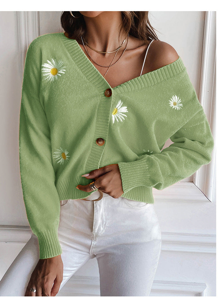 Sweet Clothing Small Chrysanthemum Embroidery V Neck Sweater Coat Autumn Winter Loose Knitted Cardigan