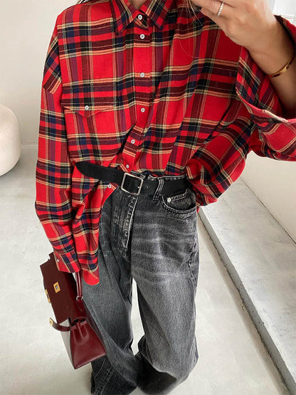 Bright Gingham Shirts for Street Style Shacket Blouses and Tops Single-breasted Autumn