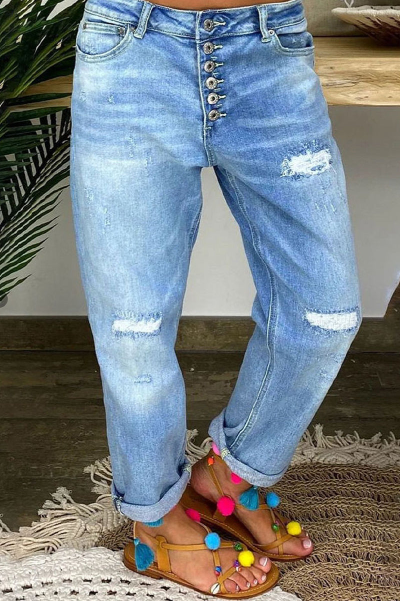 Street Patchwork Ripped High Waist Denim Jeans