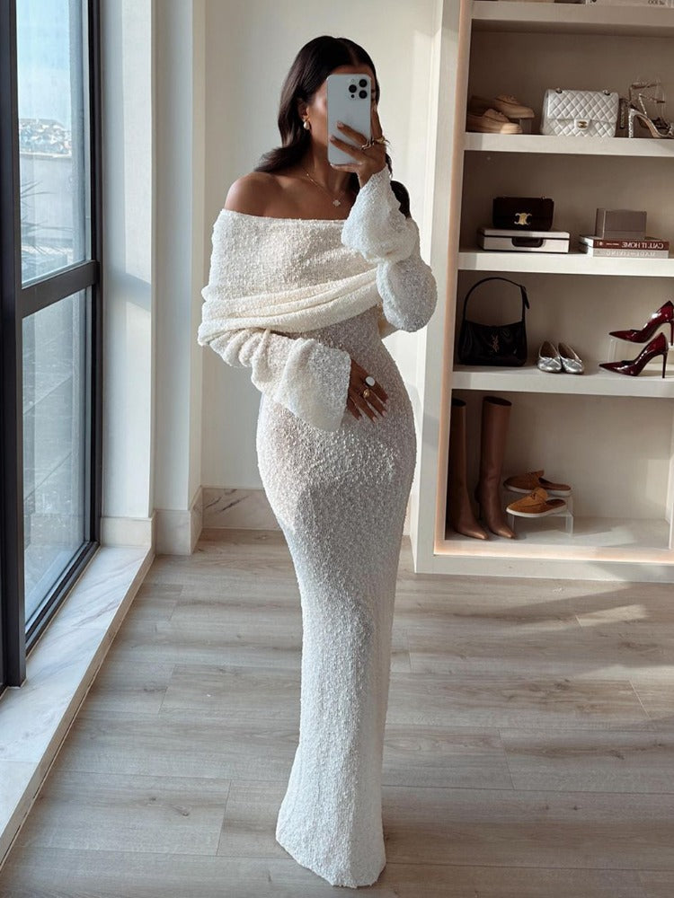 Tossy Knit Hollow Out Off-shoulder Maxi Dress Female Cover Up Loose Long Sleeve Holiday Beach Party Dress Knitwear Dress