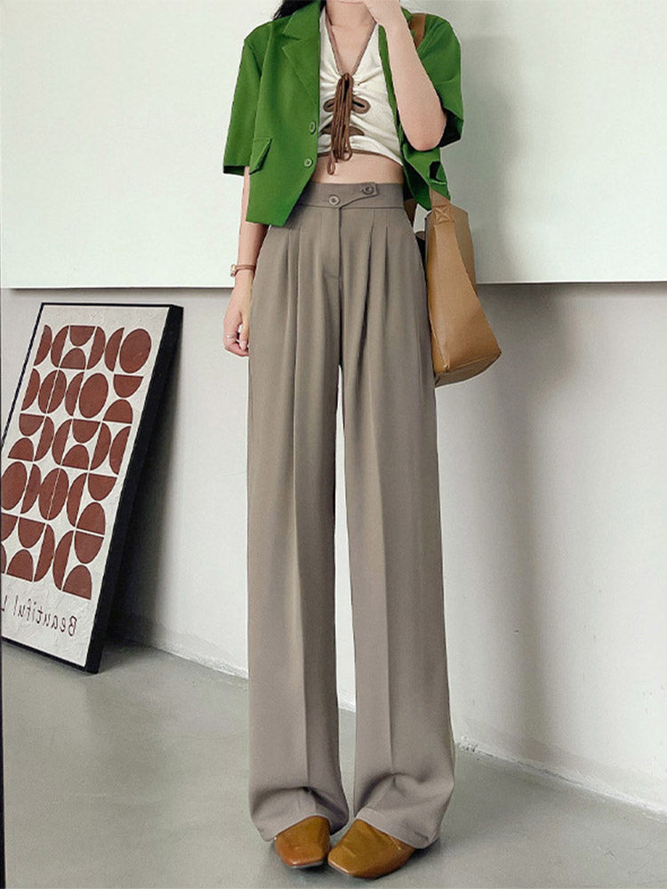 Wide Office Trousers for High Waist White Straight Stacked Pants With Pockets Double-button Classic ’s Trousers