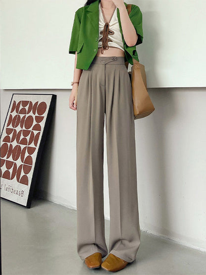 Wide Office Trousers for High Waist White Straight Stacked Pants With Pockets Double-button Classic ’s Trousers