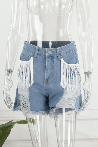 Simplicity Tassel Ripped Straight Denim Shorts