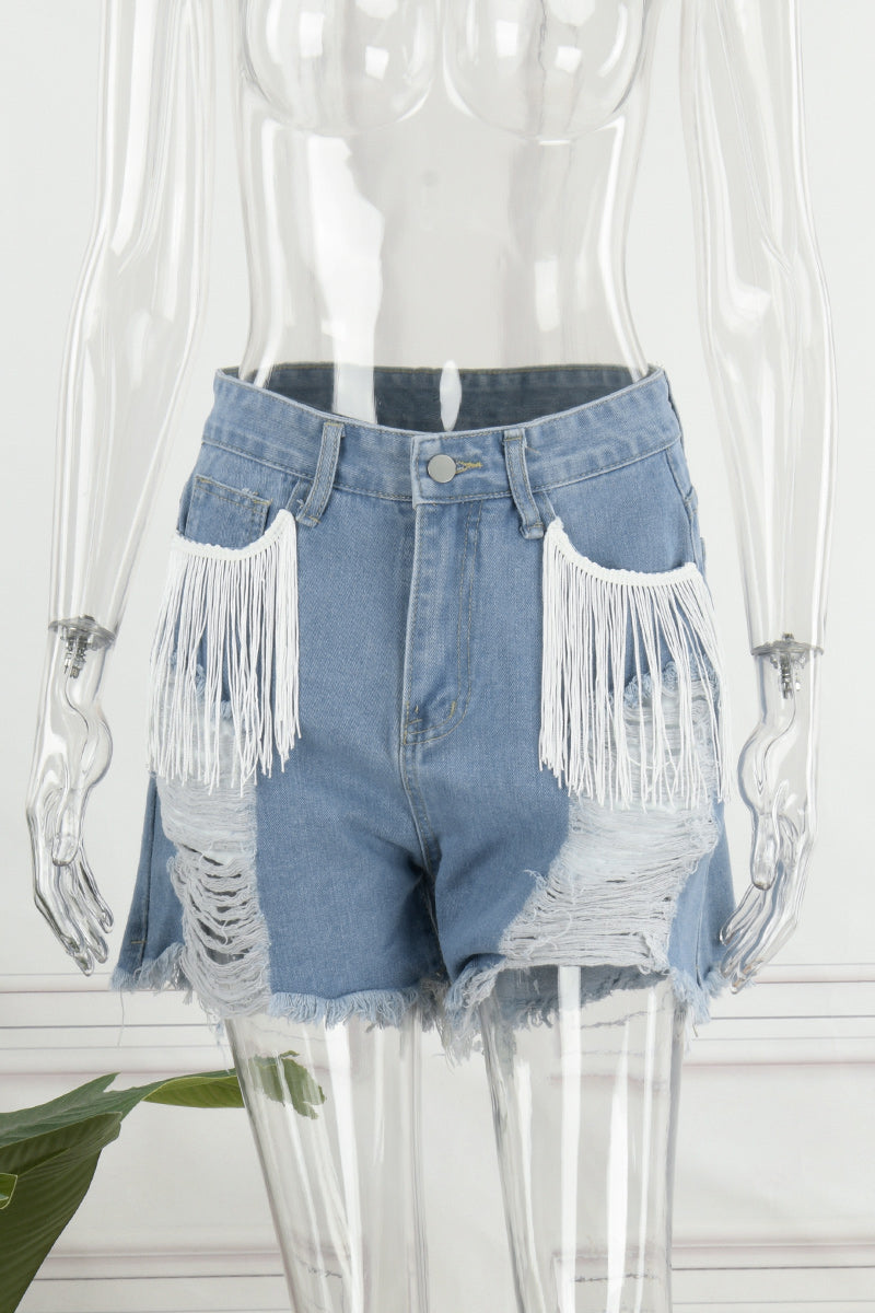 Simplicity Tassel Ripped Straight Denim Shorts