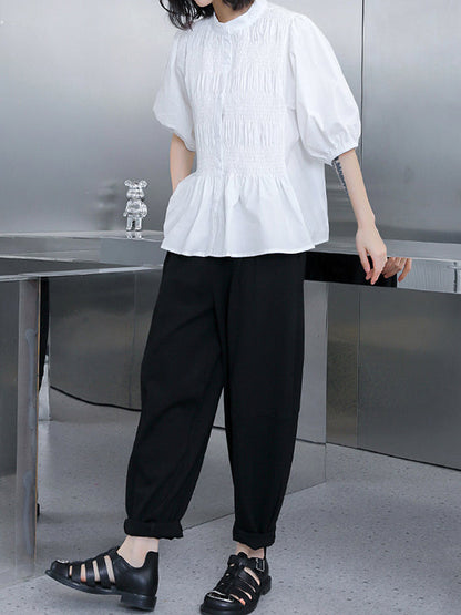 Loose Puff Sleeves Pleated Color Round-neck Blouses&shirts Tops