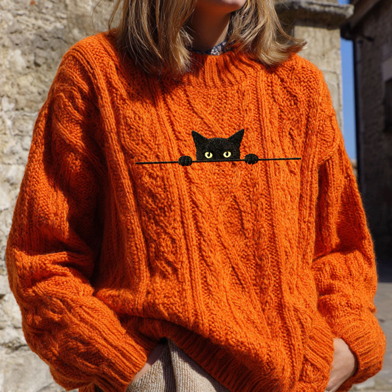 Women's Casual Funny Black Cat Print Sweater artswardrobe