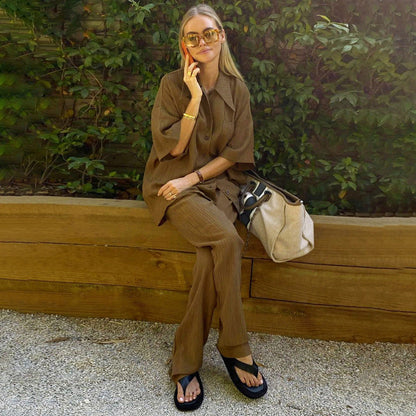 Spring Half Sleeve Shirt Brown Two Piece Set Loose Pants Suit