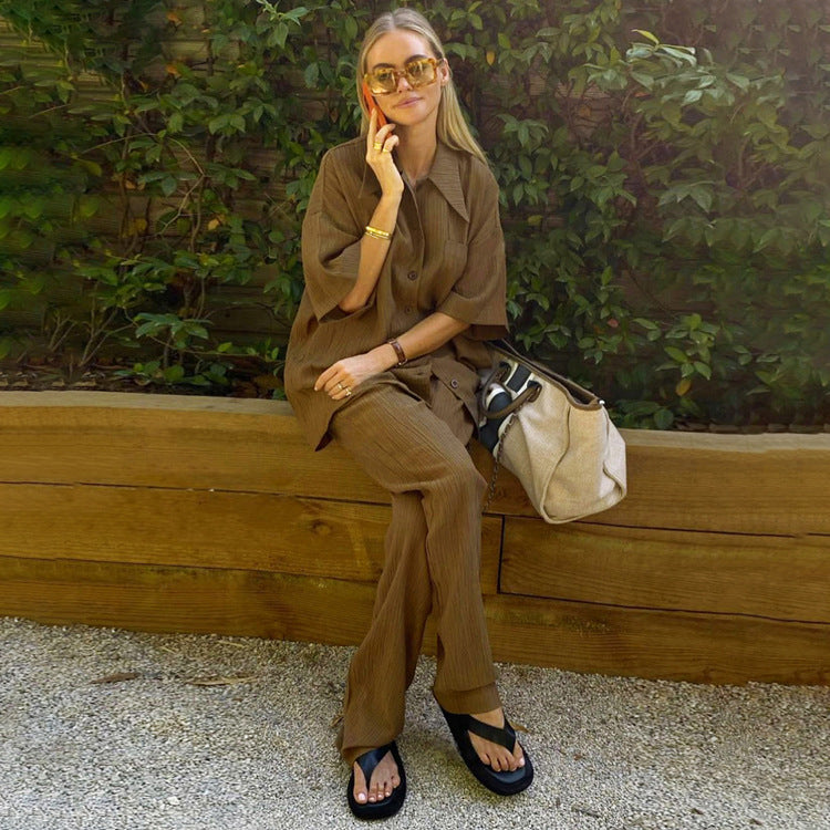 Spring Half Sleeve Shirt Brown Two Piece Set Loose Pants Suit