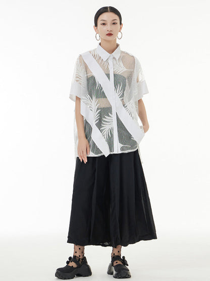 Stylish Loose Half Sleeves Buttoned Mesh Hollow See-through Blouses&shirts Tops