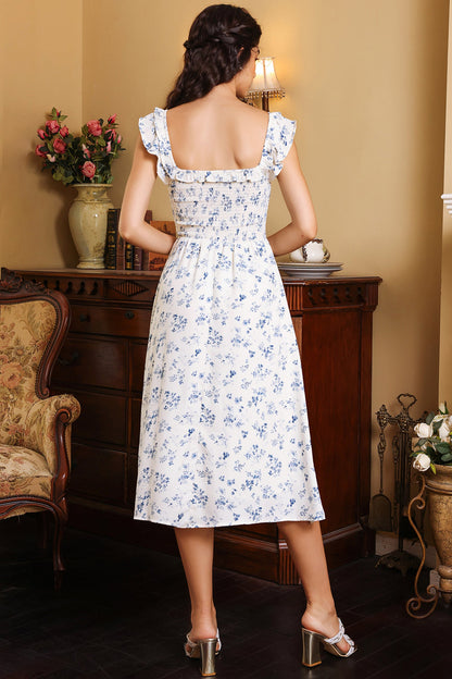 Smocked Elastic Ruffle Hem Midi Dress