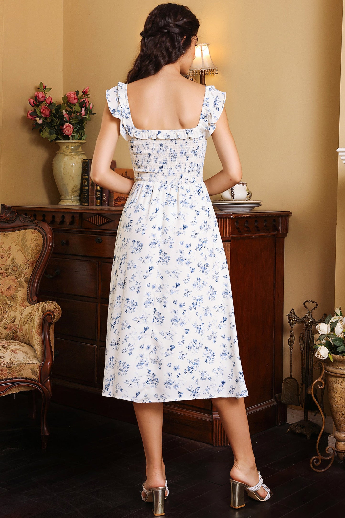 Smocked Elastic Ruffle Hem Midi Dress