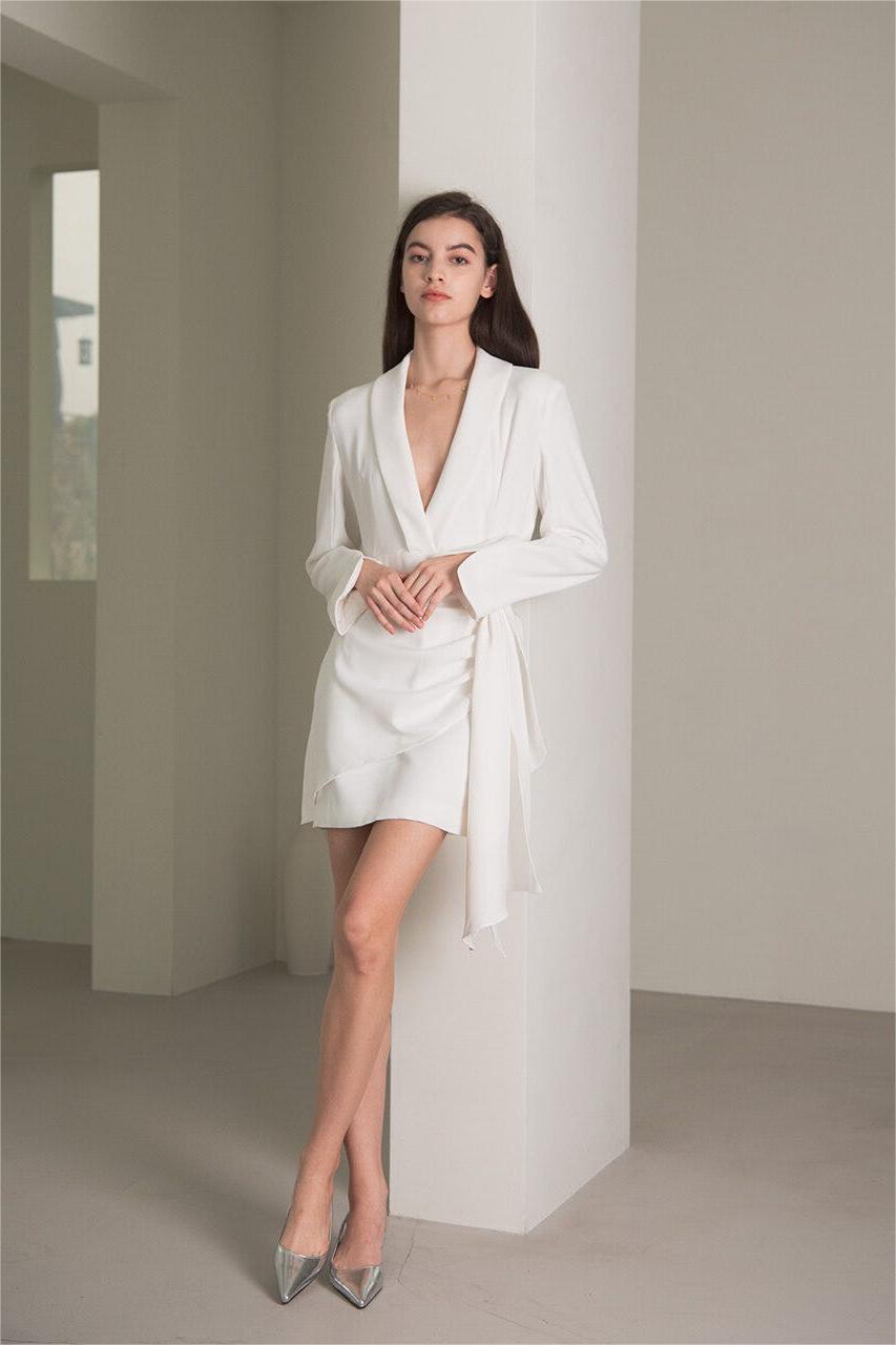 Long Sleeves V-neck Smocked Elastic Mini Dress White