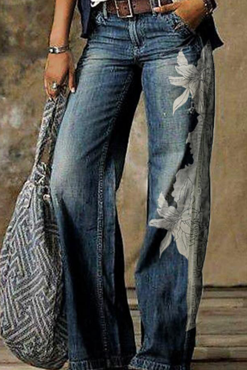 Print Patchwork Boot Cut Denim Jeans(8 Colors)