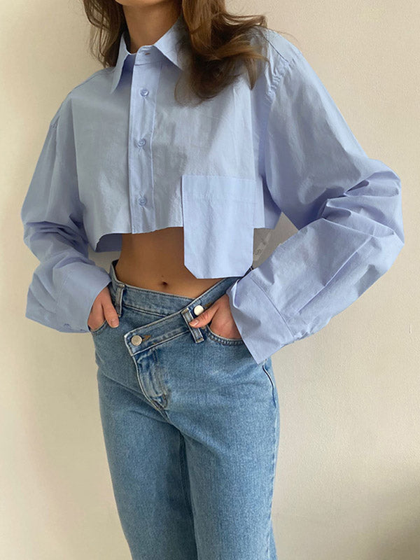 Long Sleeves Loose Asymmetric Buttoned Pockets Color Split-joint Lapel Blouses&shirts Tops