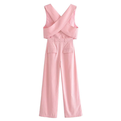 French All Match Decorated Row Button Vest Top Wide Leg Pants Suit Crisscross – ’s Set