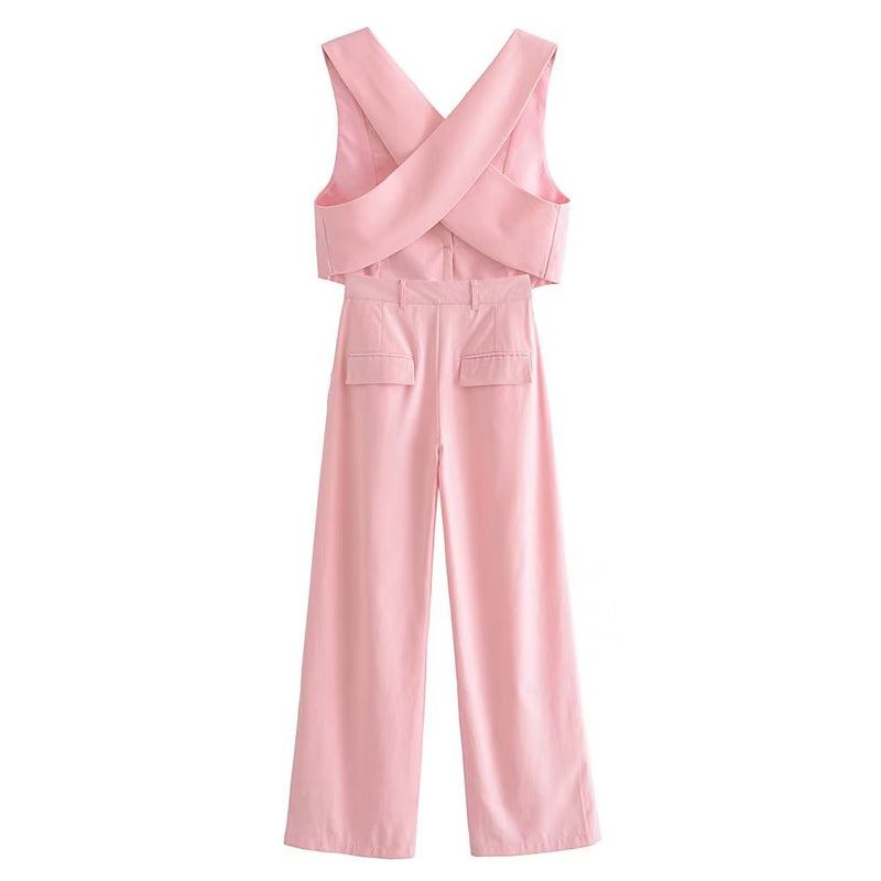 French All Match Decorated Row Button Vest Top Wide Leg Pants Suit Crisscross – ’s Set