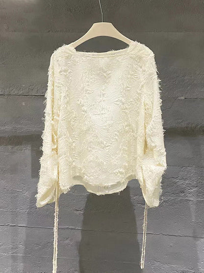 Flared Sleeves Long Sleeves Drawstring Fringed Color Square-neck Blouses&shirts Tops