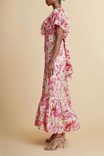 V-neck Ruffle Hem Lace Up Maxi Dress