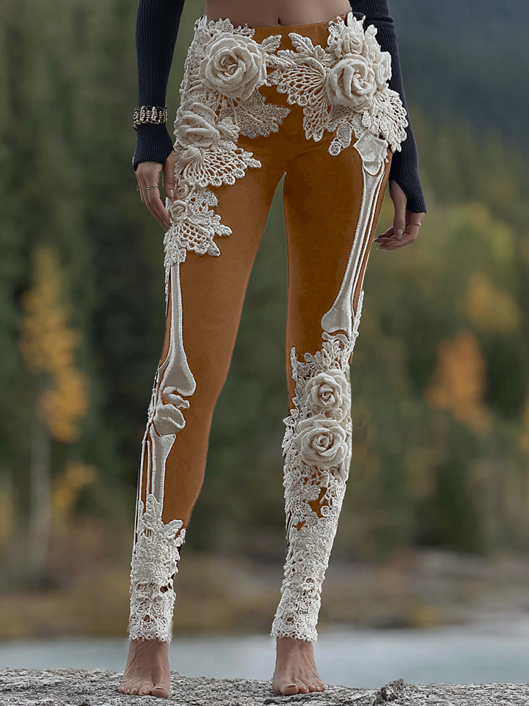 Vintage Halloween Skeleton Bones With Rose Art Cozy Knit Leggings artswardrobe
