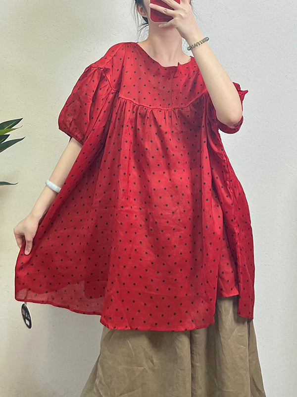 Loose Half Sleeves Polka-dot Split-joint Round-neck Blouses&shirts Tops