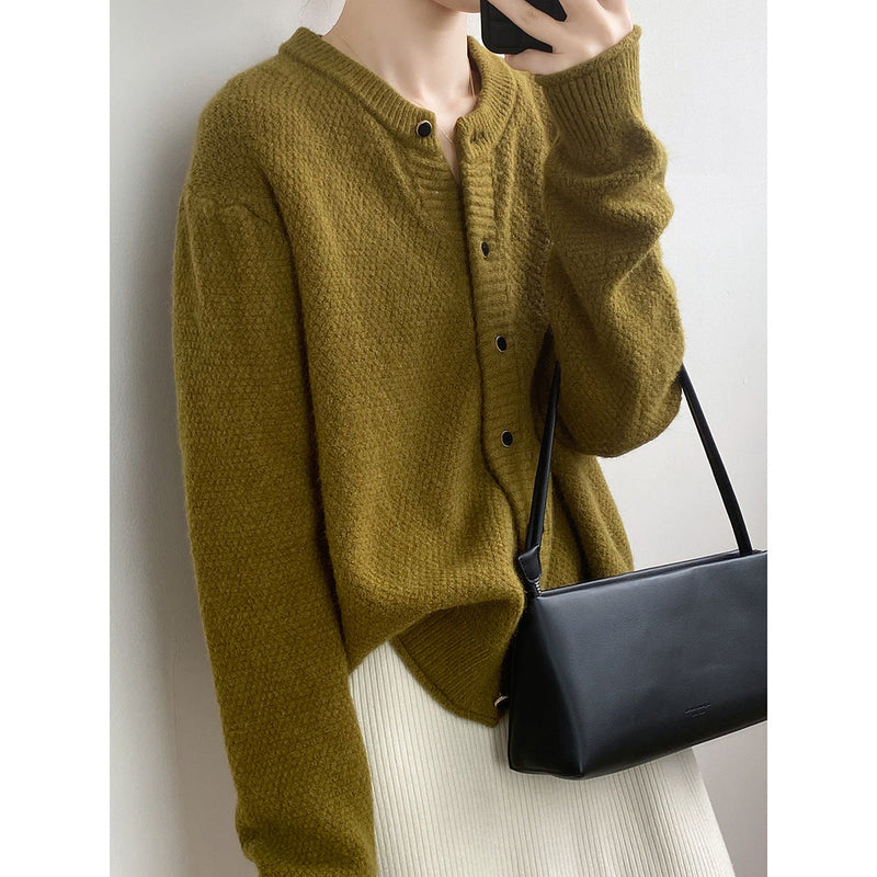 Lazy Round Neck Knitted Sweater for Autumn Minimalist Long Sleeve Loose Cardigan Coat