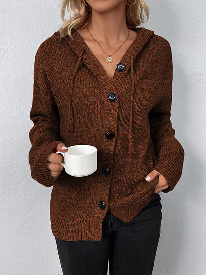 Wrap Buttoned Hooded Color Cardigan