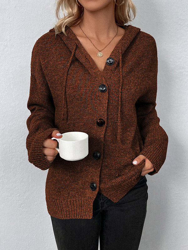 Wrap Buttoned Hooded Color Cardigan