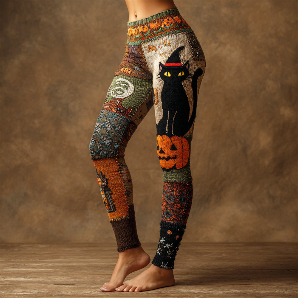 Halloween Wizard Black Cat & Pumpkin Patchwork Art Women's Knit Leggings elevenforest