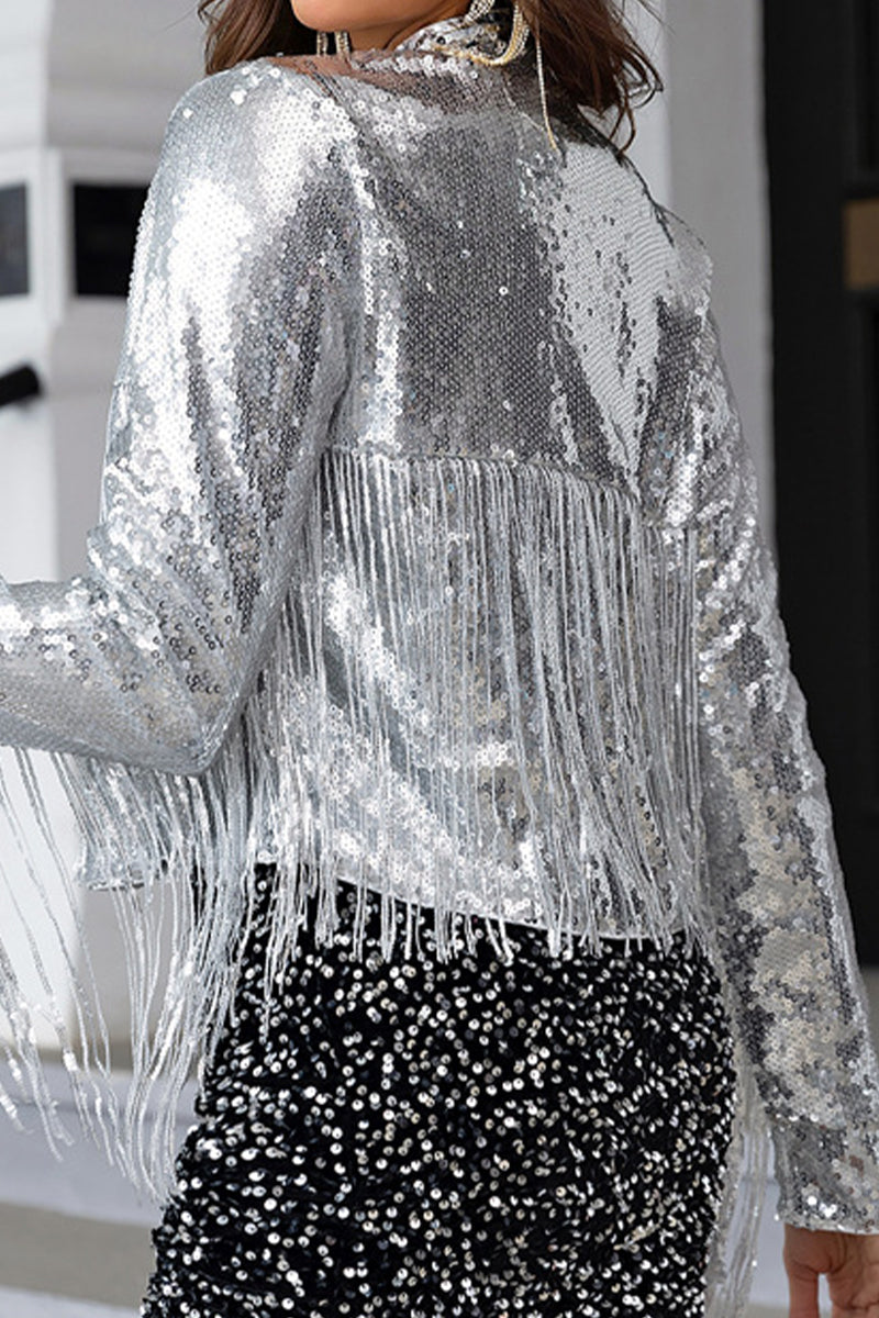 Tassel Sequined Mandarin Collar Outerwear