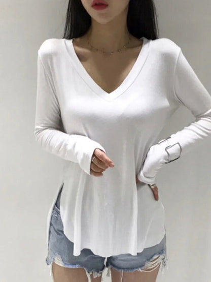 V Neck T Shirt for Spring Korean Style Woman Clothes Basic T Shirts Long Sleeve Tops Loose Tee Shirt Camisetas