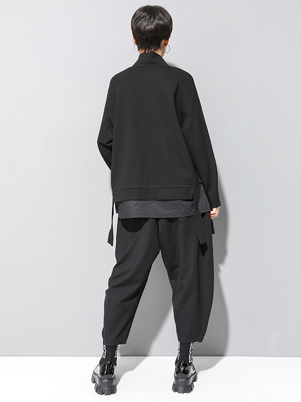 Black False-two Split-joint High-neck Sweatshirt T-shirt
