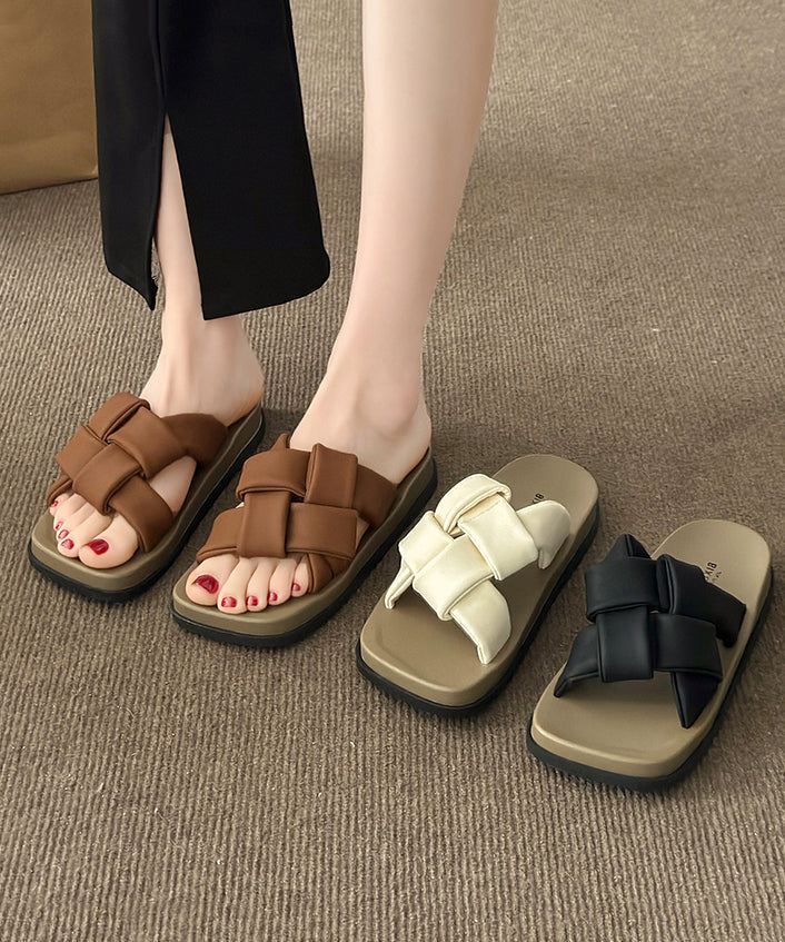 Beige French Platform Slide Sandals Peep Toe Ap1053