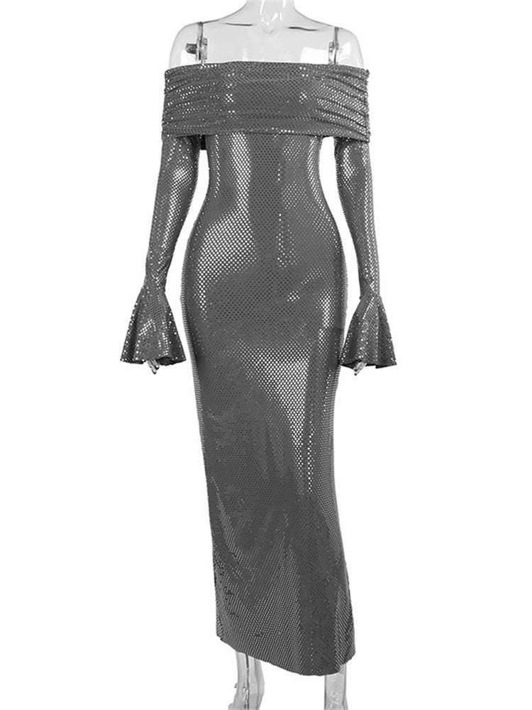 Tossy Sequin Maxi Dress Female Off-shoulder Pleated Slim Glitter Long Sleeve Backless Party Dress Gown