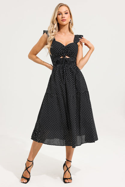 Polka Dot Ruffle Knotted Midi Dress