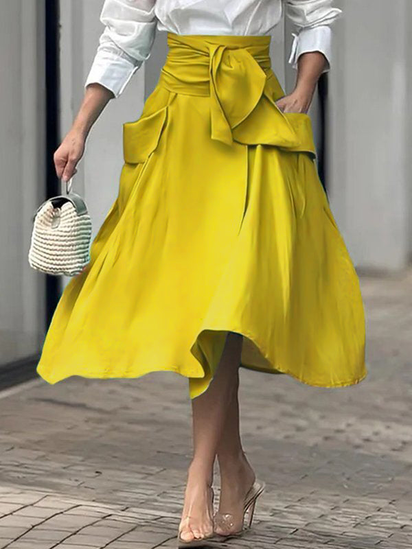 A-line Loose Pockets Color Split-joint Tied Waist Skirts Bottoms