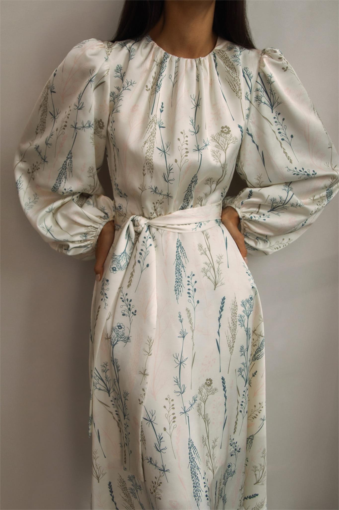 Lantern Sleeve Crew Collar Lace Up Midi Dress