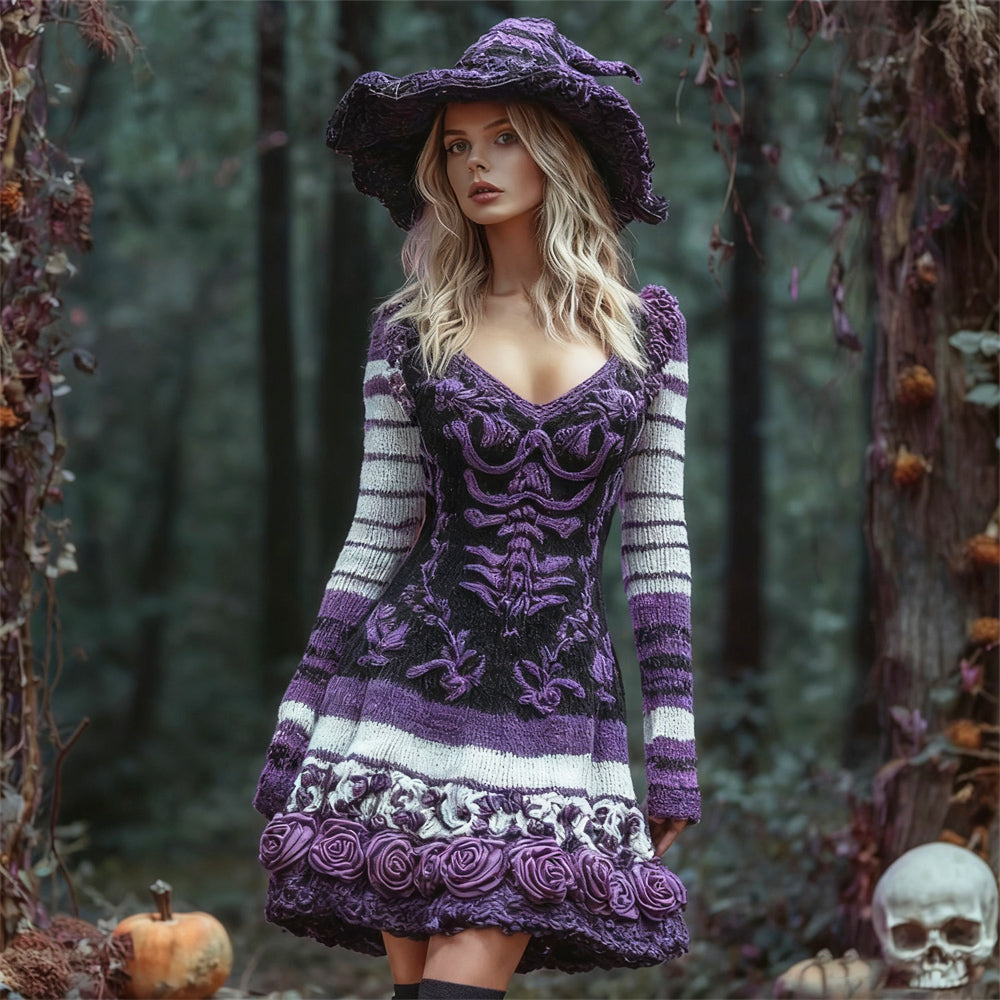 Halloween Witch Floral Art Women's Knit V-neck Mini Dress artswardrobe