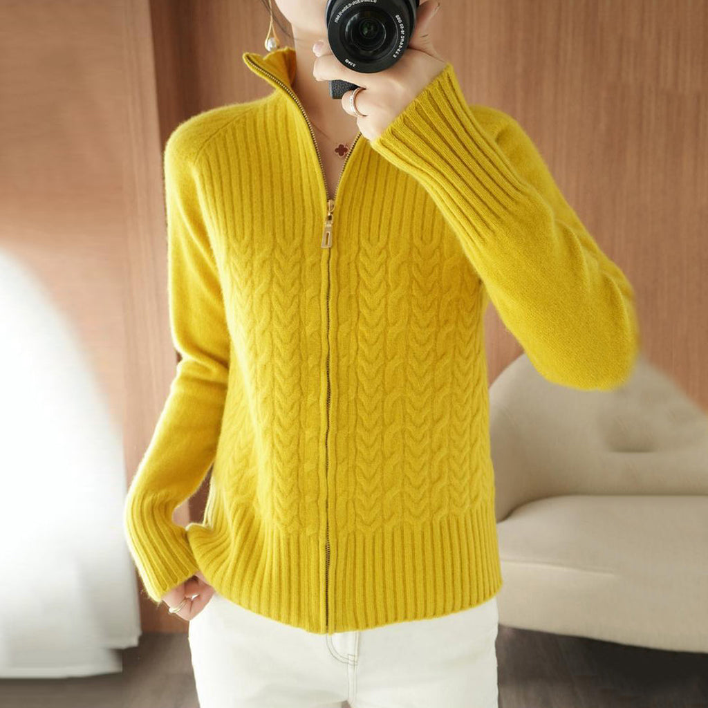 Cable-Knit Apricot Plain Zip V Neck Sweater Cardigan elevenforest