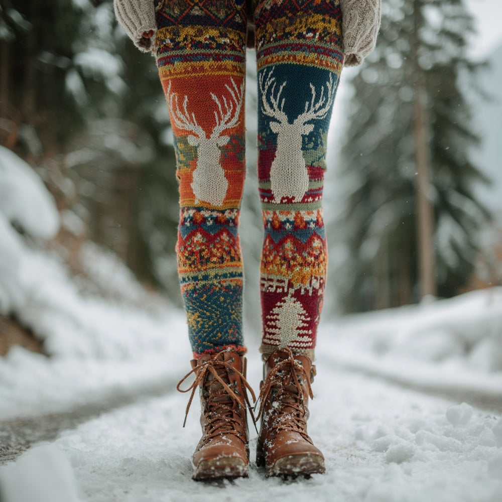 Comstylish Vintage Christmas Inspired Pattern Cozy Knit Leggings