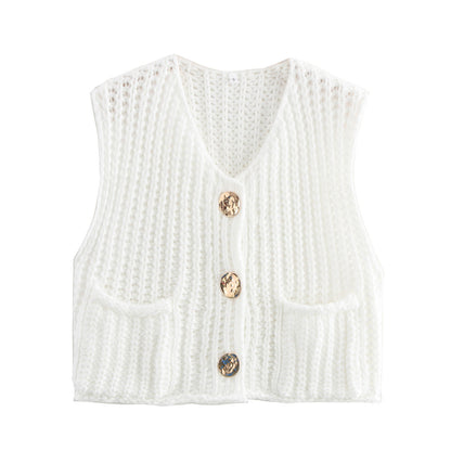 Large Buttons Color Knit Vest Cardigan