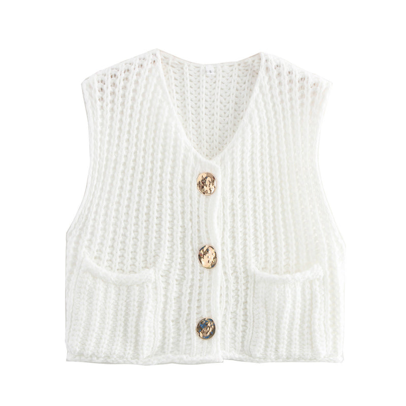 Large Buttons Color Knit Vest Cardigan