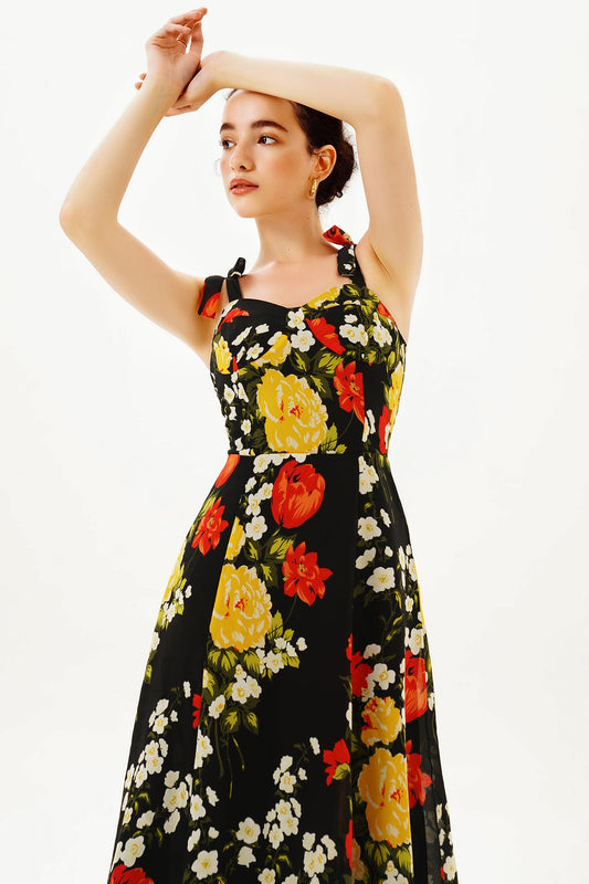 Cami U-neck Print Midi Dress Black