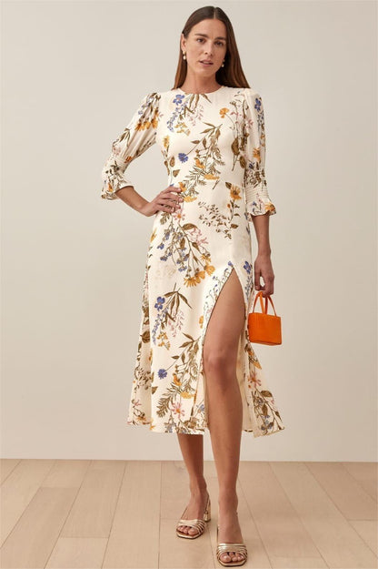 Crew Collar Mid Sleeve Slit Midi Dress