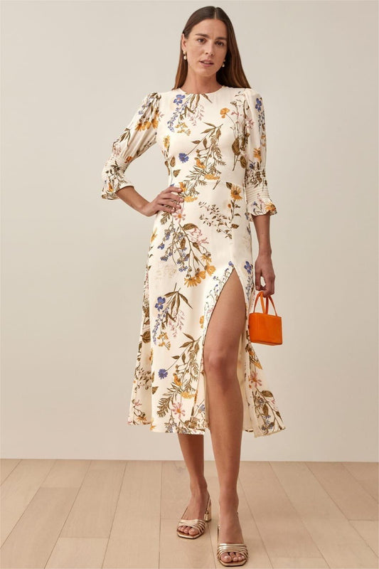 Crew Collar Mid Sleeve Slit Midi Dress