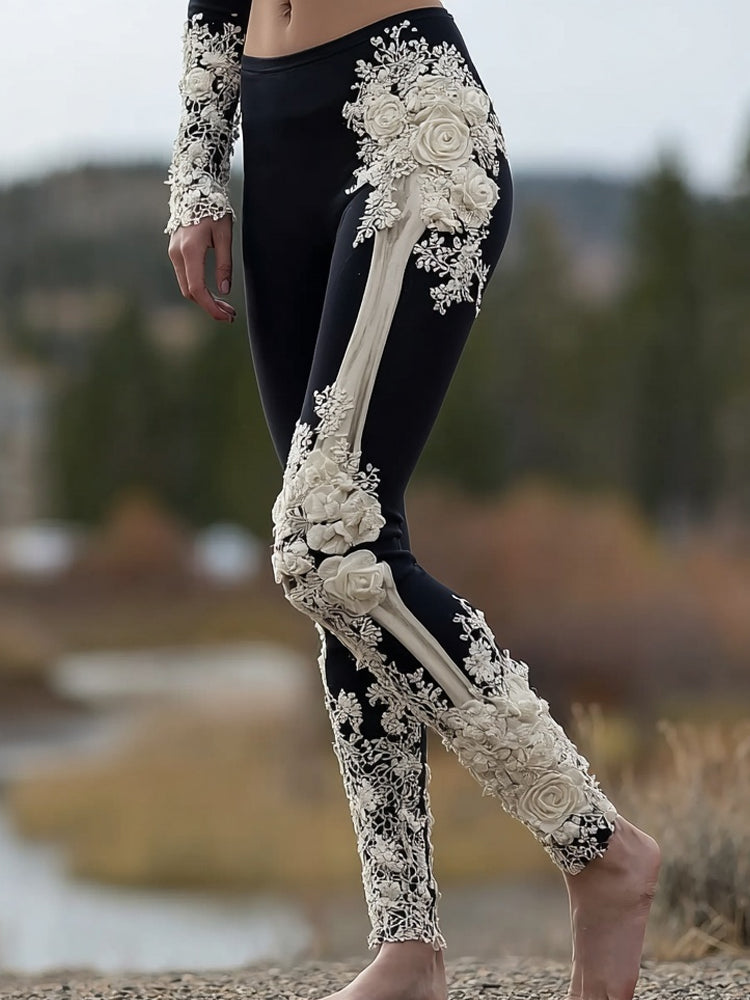 Classy Skeleton Roses Embroidered Casual Leggings artswardrobe