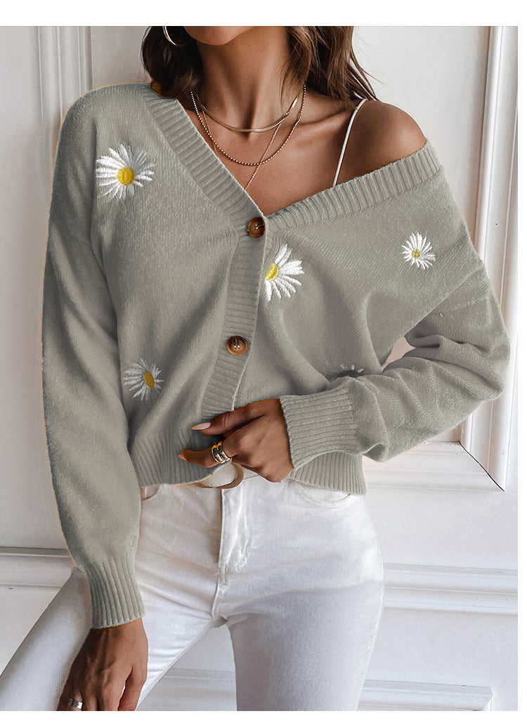 Sweet Clothing Small Chrysanthemum Embroidery V Neck Sweater Coat Autumn Winter Loose Knitted Cardigan