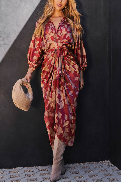 And Charming Satin Adjustable Waist Tie Button Draped Shirt Midi Dress