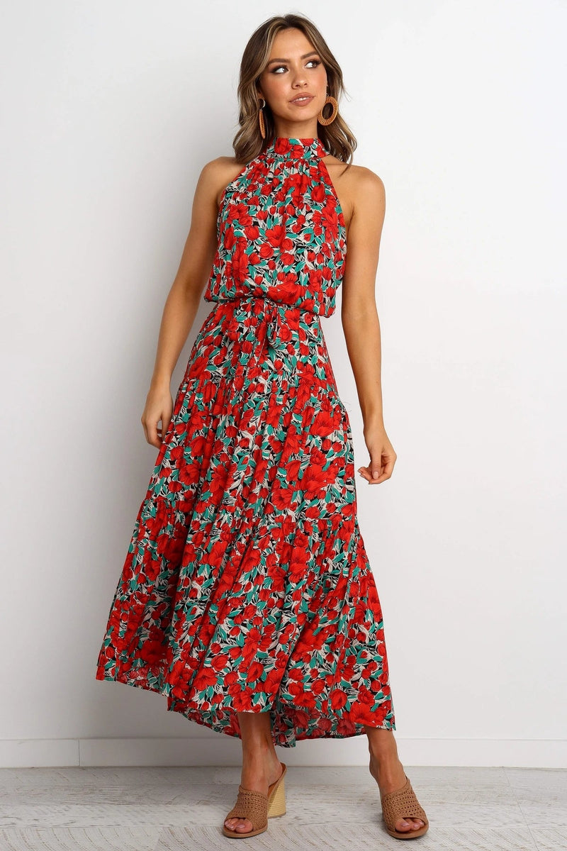 Halter Neck Large Hemline Maxi Dress Red